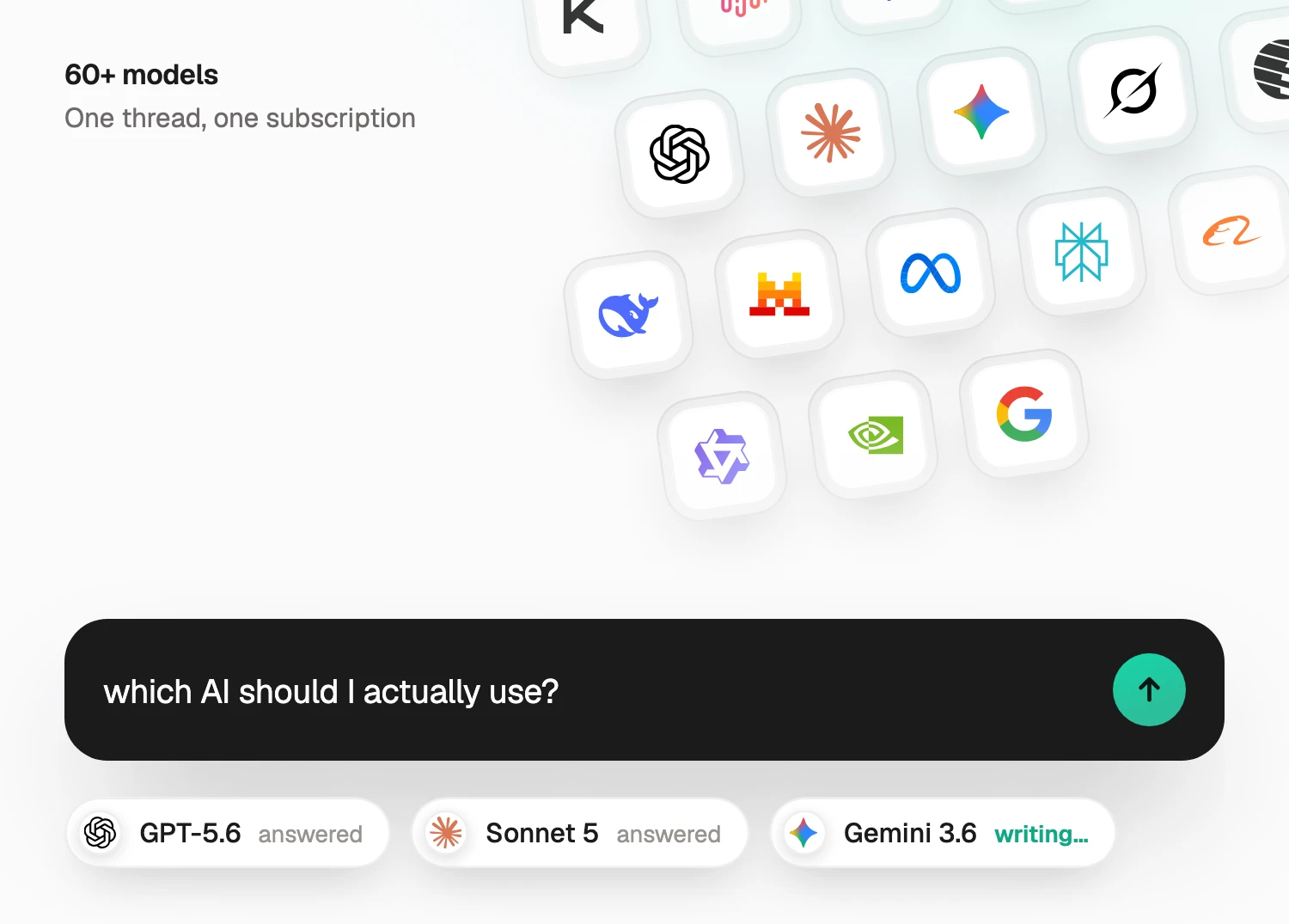 A wall of AI model logos above one Perspective AI thread asking a question, with GPT-5.6 and Sonnet 5 answered and Gemini 3.6 writing