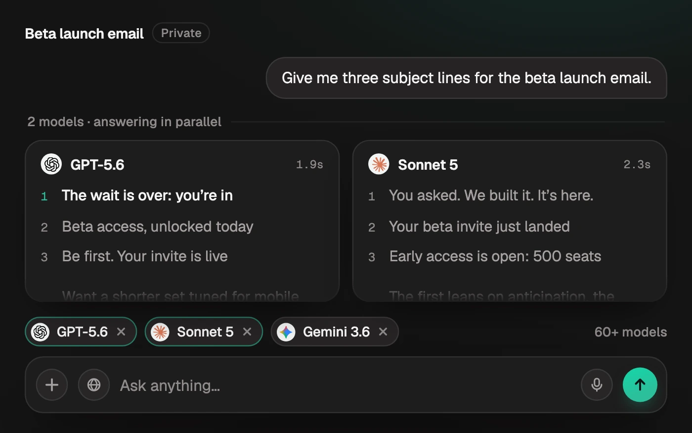 Perspective AI chat answering one prompt with GPT and Claude in parallel, with multiple AI models selected